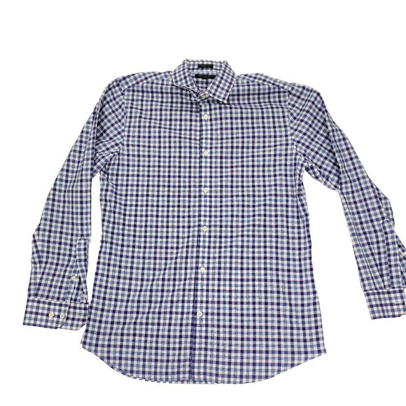 Banana Republic Dress Shirt Mens Large 16-16.5 Blue Grant Fit Non Iron Plaid - Picture 2 of 7